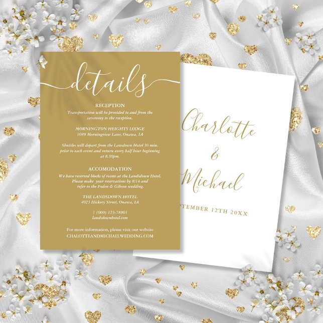 Carte D'accompagnement Informations sur les détails du mariage en or de s (Script Gold Wedding Details Information Enclosure Card)