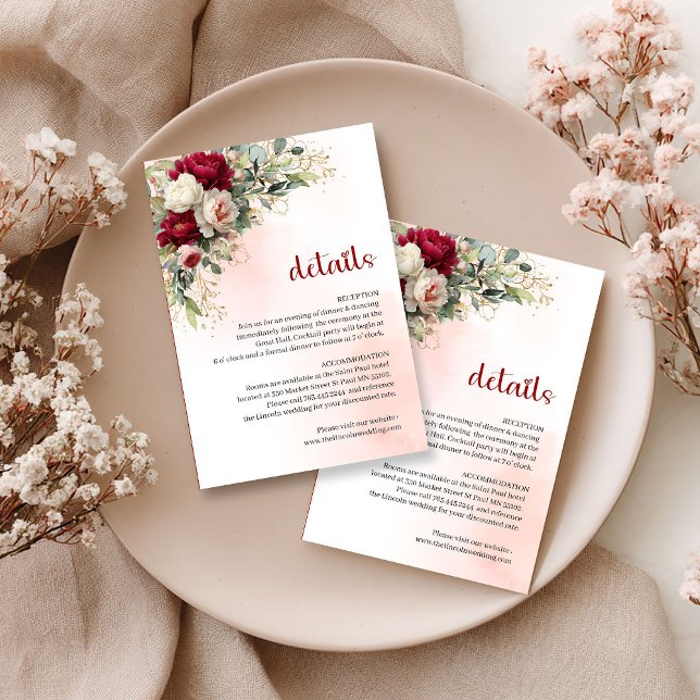Carte D'accompagnement Informations sur un mariage avec une végétation fl (Burgundy blush floral greenery gold wedding info

)