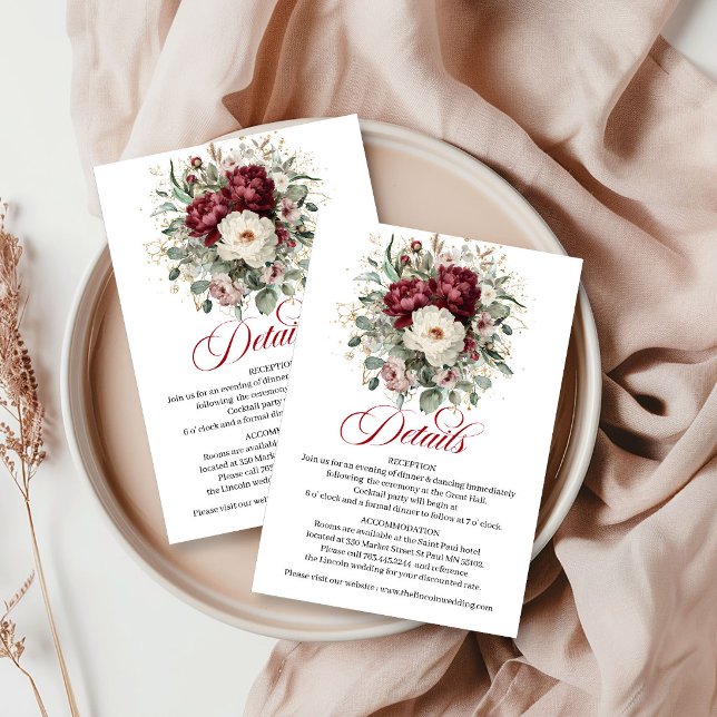 Carte D'accompagnement Infos sur le mariage Glam Marsala Floral Eucalyptu (Glam Marsala Floral Eucalyptus Gold Wedding Info Card)