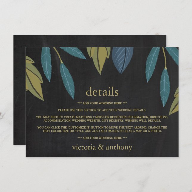 Carte D'accompagnement Insertion de détails du Mariage feuille de tableau (Devant / Derrière)