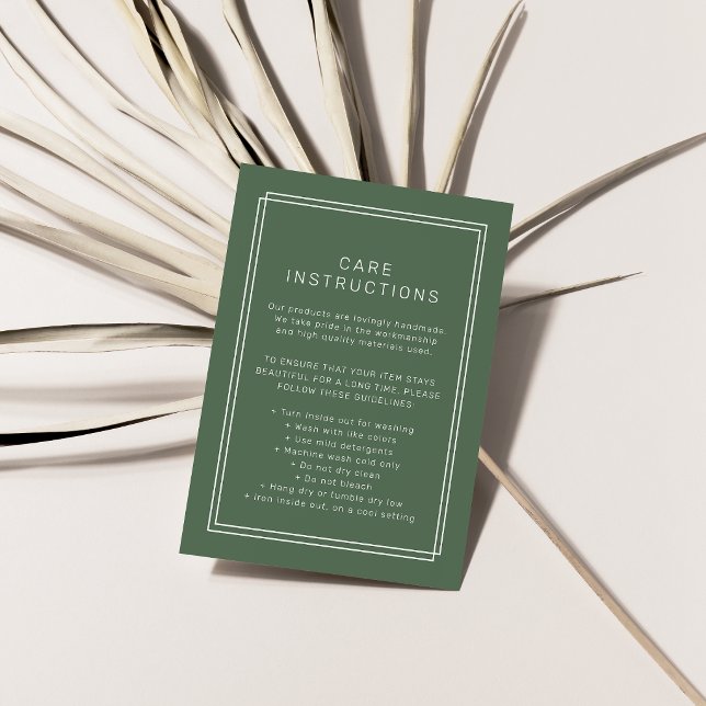 Carte D'accompagnement Instructions d'entretien de produit rustique vert  (AVERY Rustic Dark Green Product Care Instructions Enclosure Card)