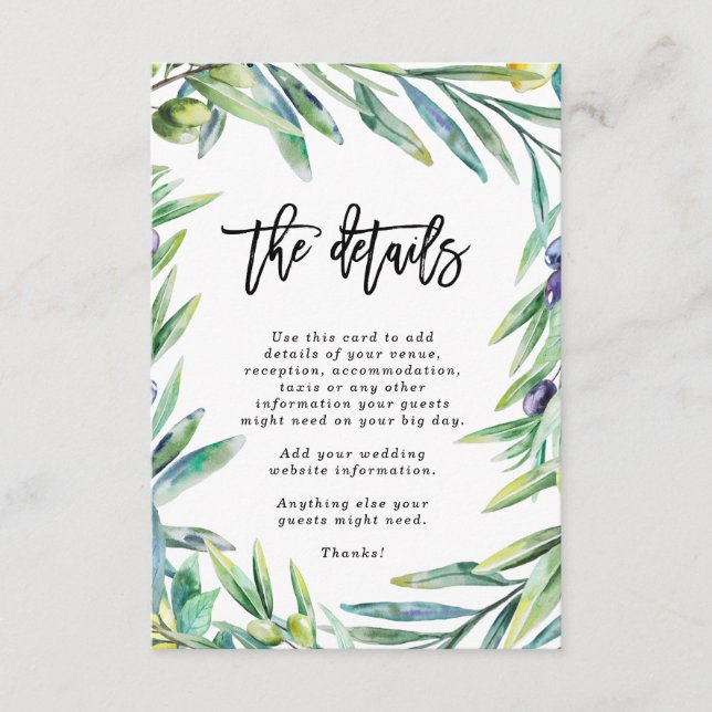 Carte D'accompagnement Italie Florence olives Informations sur le mariage (Devant)