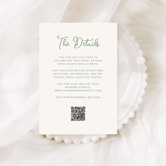 Carte D'accompagnement Ivory et Sage Green Mariage Détails de l'invité QR (An elegant, ivory cream wedding details card with sage green text and a QR code)