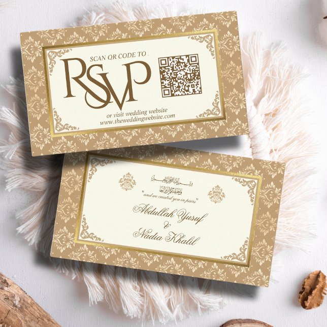 Carte D'accompagnement Ivory Gold Damask QR Code RSVP Mariage islamique W (Créateur téléchargé)