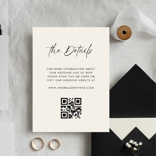 Carte D'accompagnement Ivory Modern Script QR Code Simple Détails Mariage (Créateur téléchargé)