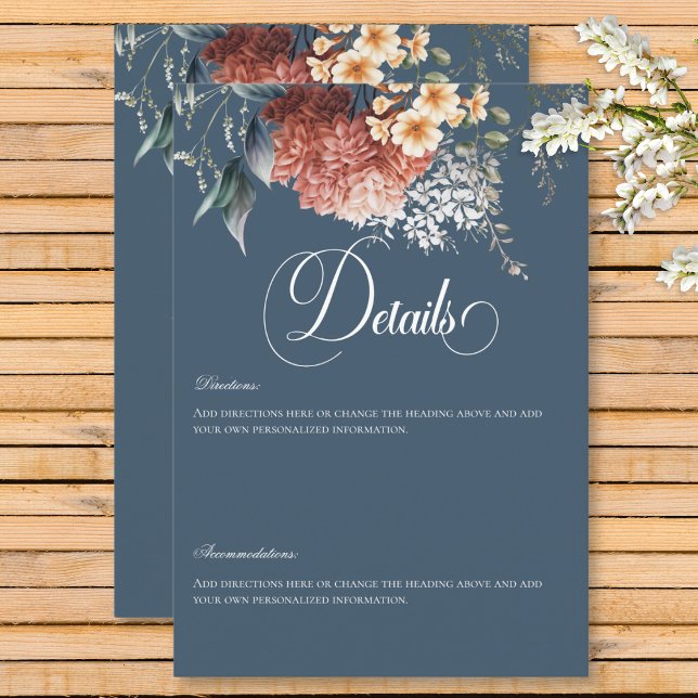 Carte D'accompagnement Jardin bleu romantique moderne Détails du Mariage  (Modern Romantic Blue Garden Floral Wedding Details Enclosure Card)