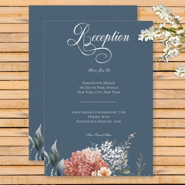 Carte D'accompagnement Jardin bleu romantique moderne Réception fleurie (Modern Romantic Blue Garden Floral Wedding Reception Enclosure Card)