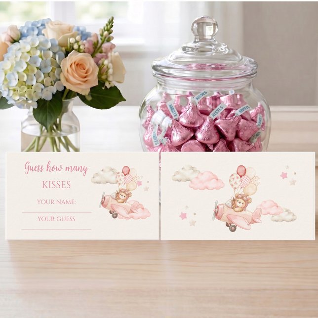 Carte D'accompagnement Jeu de devinette de bisous On Attend À Peine (We Can Bearly Wait Bear Airplane How Many Kisses Enclosure Card | Girl Baby Shower)