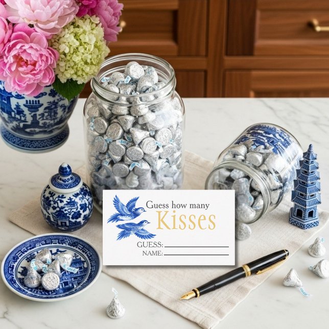 Carte D'accompagnement Jeu de mariage "Devinez combien de baisers" pour l (Blue birds "Guess How Many Kisses" Bridal Game Enclosure Card)