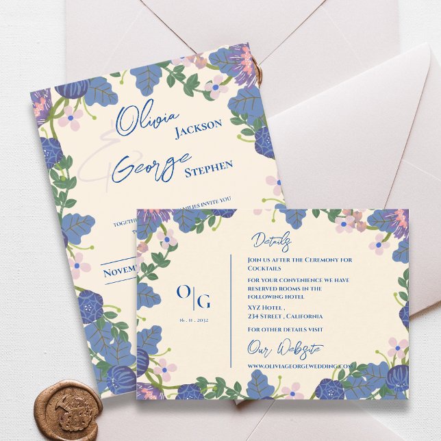 Carte D'accompagnement Joli bleu violet Mariage Floral Détails Info (Pretty Blue Purple Floral Wedding Details Info Enclosure Card)