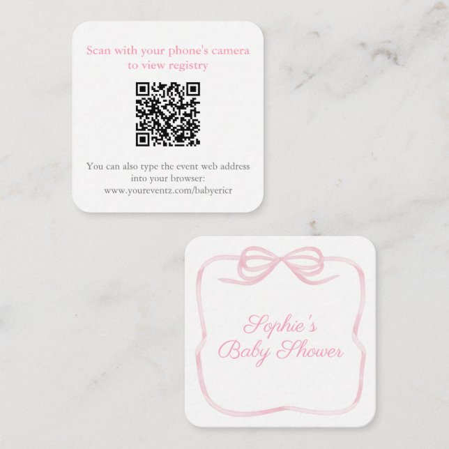 Carte D'accompagnement Joli code QR RSVP pour douche avec nœud rose (Devant / Derrière)