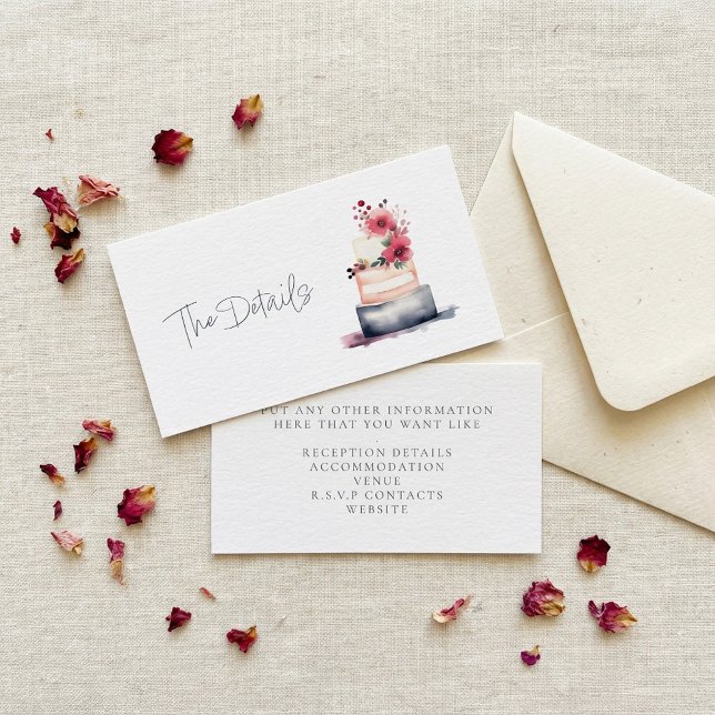Carte D'accompagnement Joli gâteau mariage de couleur aquarelle détails (Pretty watercolor wedding cake the details enclosure card.)