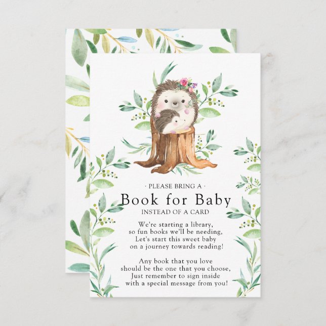 Carte D'accompagnement Joli livre de Baby shower de hérisson pour la cart (Devant / Derrière)