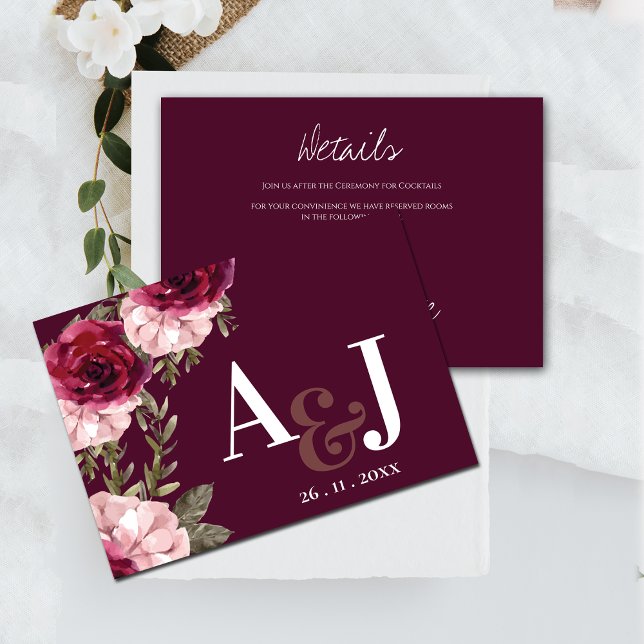 Carte D'accompagnement Joli Monogramme Bourgogne Blush rose Mariage Flora (Pretty Monogram Burgundy Blush Pink Floral Wedding Enclosure Details Card)
