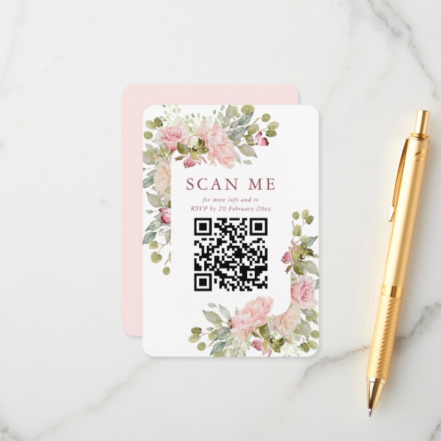 Carte D'accompagnement Joli Pastel Mariage Floral RSVP QR (Devant/Arrière en situation)