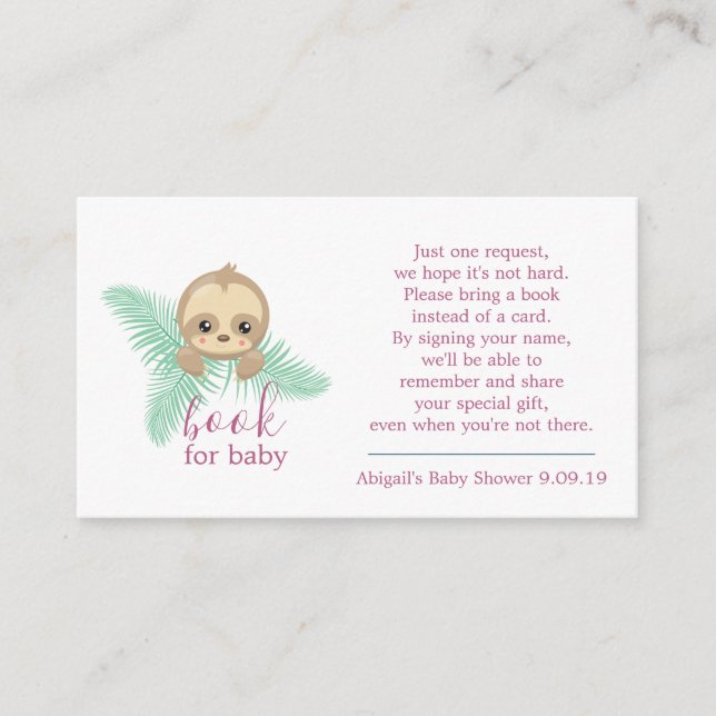 Carte D'accompagnement Joli Rose Baby Sloth Book Demande de Baby shower (Devant)