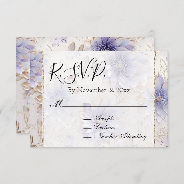 Carte D'accompagnement Jolie RSVP de mariage floral or et perle pourpre (Devant / Derrière)