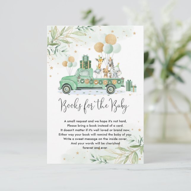 Carte D'accompagnement Jungle Party Animaux Ballons verts Livres pour béb (Debout devant)