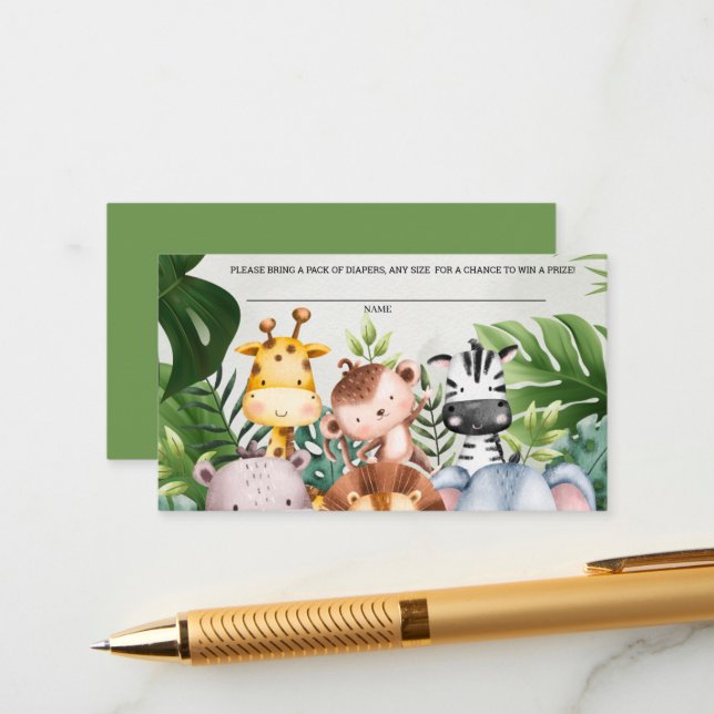 Carte D'accompagnement Jungle Safari Animaux Garçons Cute Diaper Raffle (Devant/Arrière en situation)