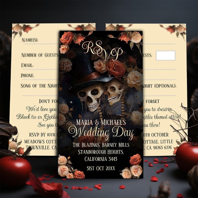 Carte D'accompagnement Kissing Skeletons RSVP Mariage gothique (Créateur téléchargé)