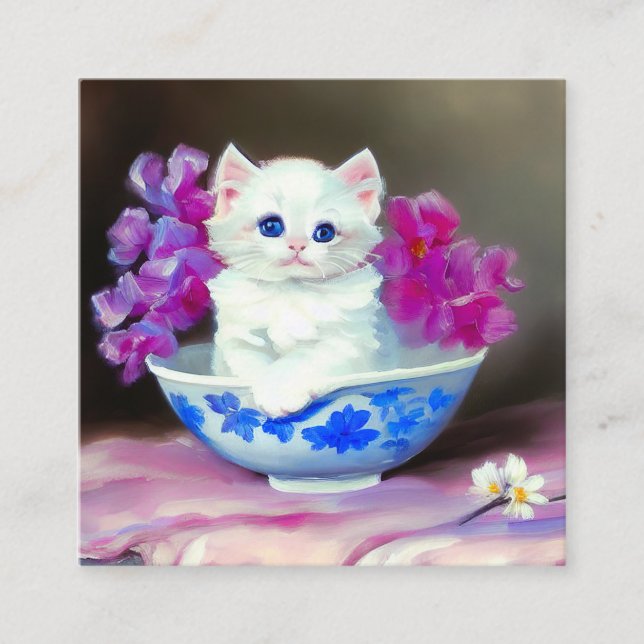 Carte D'accompagnement Kitten blanc vintage aux fleurs roses (Devant)
