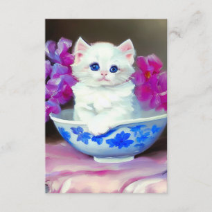 Carte D'accompagnement Kitten blanc vintage aux fleurs roses