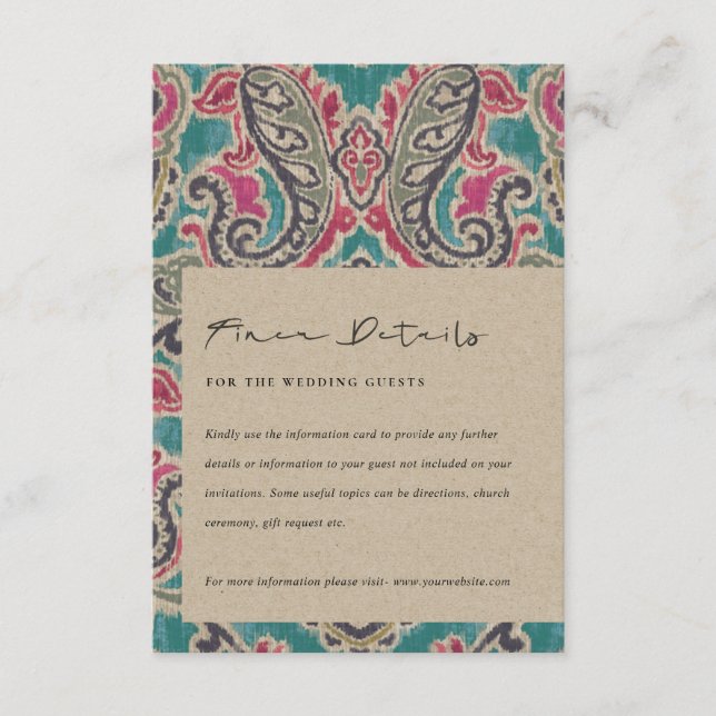 CARTE D'ACCOMPAGNEMENT KRAFT BOHO TRIBAL IKAT PINK MARIAGE TURQUOISE DÉTA (Devant)