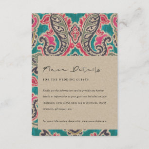 CARTE D'ACCOMPAGNEMENT KRAFT BOHO TRIBAL IKAT PINK MARIAGE TURQUOISE DÉTA