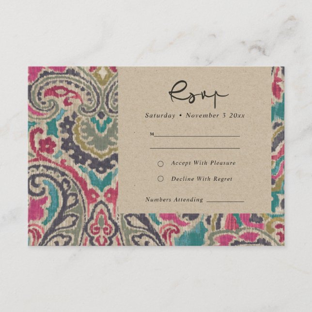 CARTE D'ACCOMPAGNEMENT KRAFT BOHO TRIBAL IKAT PINK MARIAGE TURQUOISE RSVP (Devant)