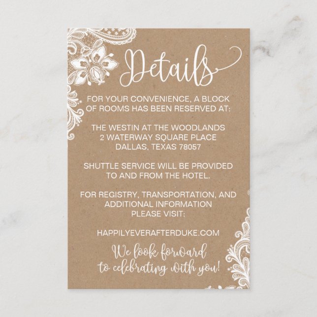 Carte D'accompagnement Kraft Lace and Lights Rustic Mariage Detail Card (Devant)