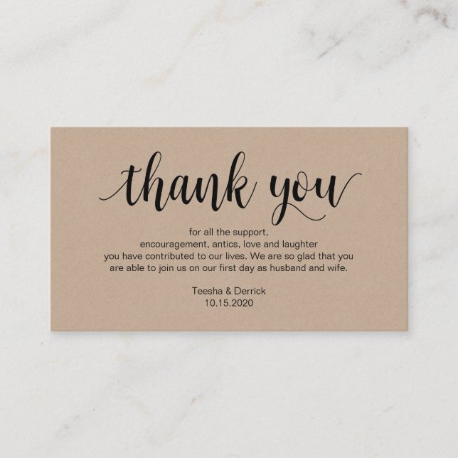 Carte D'accompagnement Kraft rustique, Script noir, Merci Mariage (Devant)