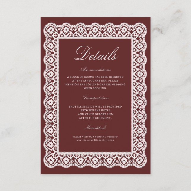Carte D'accompagnement Lace Burgundy Wedding Details Enclosure Card (Devant)