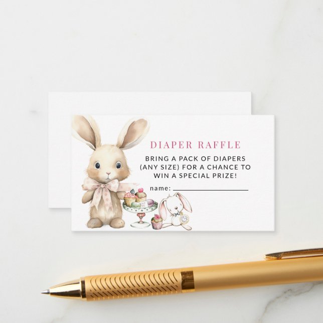 Carte D'accompagnement Lapin Baby shower fille Déchets Raffle (Devant/Arrière en situation)