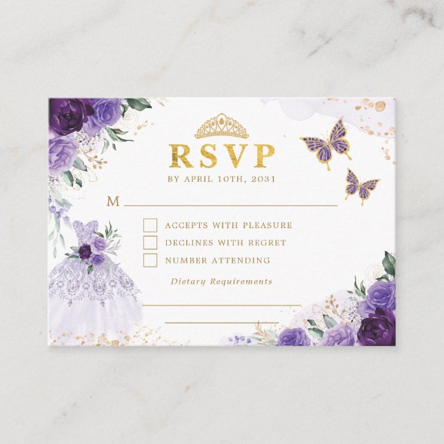 Carte D'accompagnement Lavande Florale Quinceanera Princesse Robe RSVP (Devant)