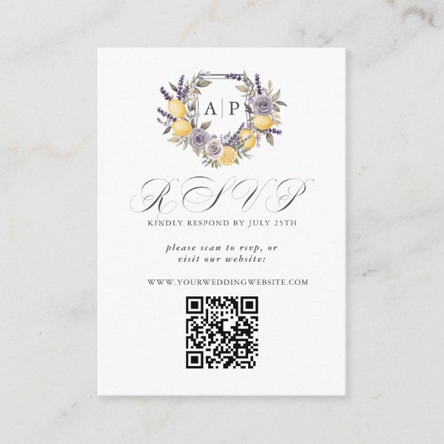 Carte D'accompagnement Lavande Monogramme citron Cimier Floral QR RSVP (Devant)