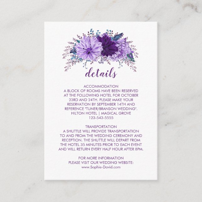 Carte D'accompagnement Lavande Plum Floral Purple Information Mariage (Devant)