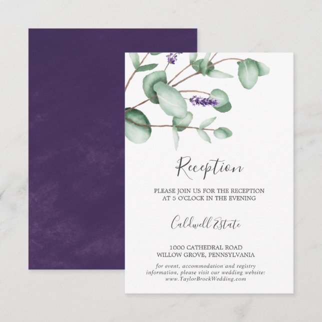 Carte D'accompagnement Lavande Rustique & Eucalyptus Réception Insertion  (Devant / Derrière)