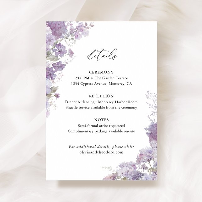 Carte D'accompagnement Lavender Floral Wedding Details, Information (Lavender floral wedding details card with watercolor hydrangea, lilac, elegant wedding stationery)