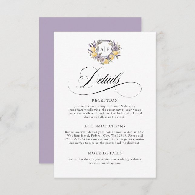 Carte D'accompagnement Lavender Lemon Monogram Floral Crest Détails (Devant / Derrière)