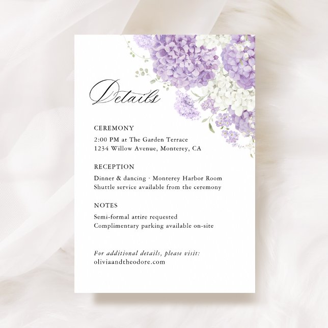 Carte D'accompagnement Lavender Lilac White Floral Wedding Details, Info (Lavender white hydrangea wedding details card with floral, lilac, elegant wedding stationery)
