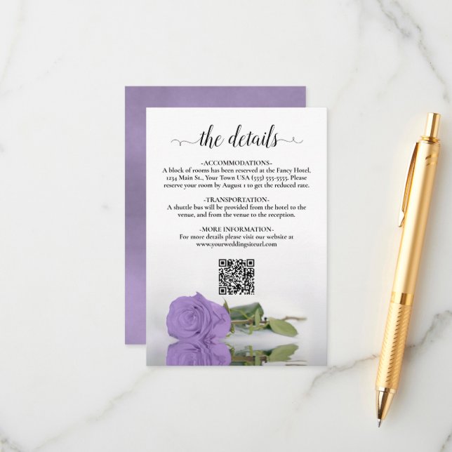 Carte D'accompagnement Lavender Purple Rose Détails du Mariage QR Code (Devant/Arrière en situation)