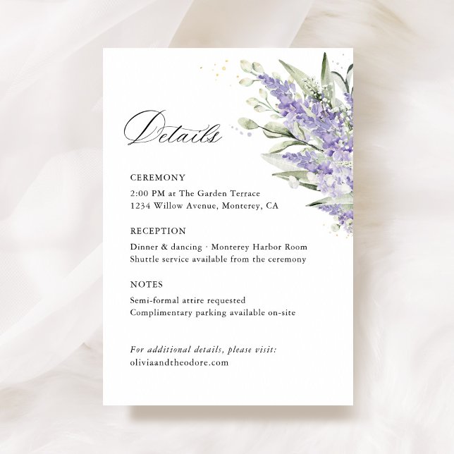 Carte D'accompagnement Lavender Sage Green Floral Wedding Details (Lavender & sage green floral wedding details card with watercolor flower, elegant wedding stationery)