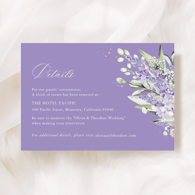 Carte D'accompagnement Lavender & Sage Green Floral Wedding Hotel Details (Lavender & sage green floral wedding hotel details card, watercolor elegant accommodation card)