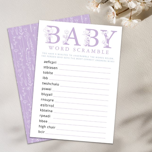 Carte D'accompagnement Lavender Wildflower Baby Shower Word Game Card (Baby Shower Game - Lavender)
