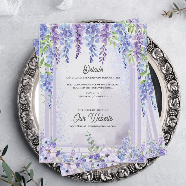 Carte D'accompagnement Lavender Wisteria Floral Arch Wedding Details (Lavender Wisteria Floral Arch Wedding Details Card | Purple Garden Wedding Information Enclosure)