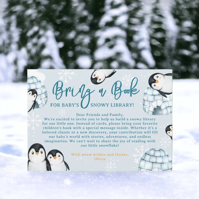 Carte D'accompagnement Les igloos de manchots d'hiver apportent un baby s (Winter penguin igloos bring a book baby shower enclosure card)