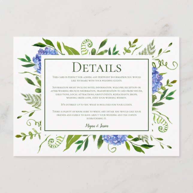 Carte D'accompagnement LGBTQ Blue Hydrangeas Floral Détails du Mariage (Devant)