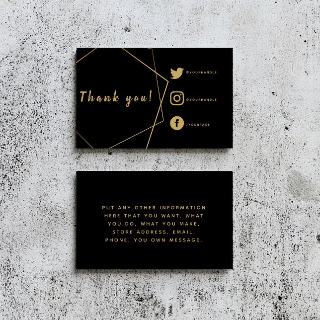Carte D'accompagnement Liens sociaux en noir et or commandes insérer Cart (Black thank you insert card for customer orders with gold geometric border and social media details.)