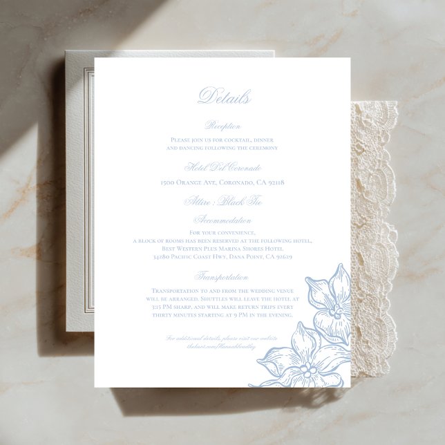 Carte D'accompagnement Light Blue Outline Floral Wedding Details Card (Créateur téléchargé)