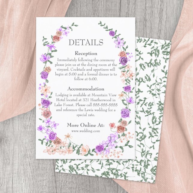 Carte D'accompagnement Lilac et Peach Rose Garden Vine Détails Mariage (lilac, purple, peach mixed floral patterns, rose vines, bouquets wedding details info enclosure card)